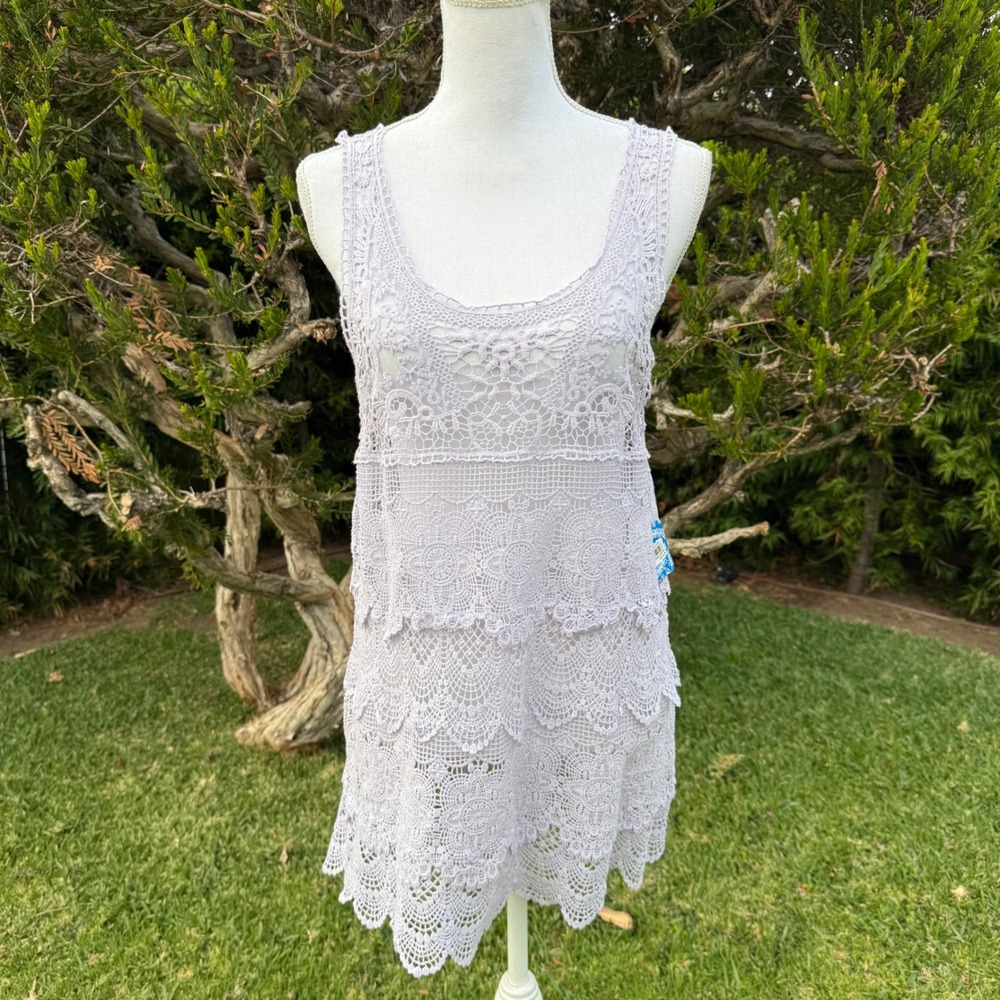Free People Intimately Crochet Lace Tiered Tank Top Lavender Purple Medium NEW